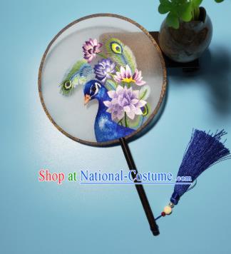 Handmade Suzhou Embroidery Peacock Lotus Silk Fan Embroidered Round Fan China Traditional Hanfu Stage Show Palace Fan