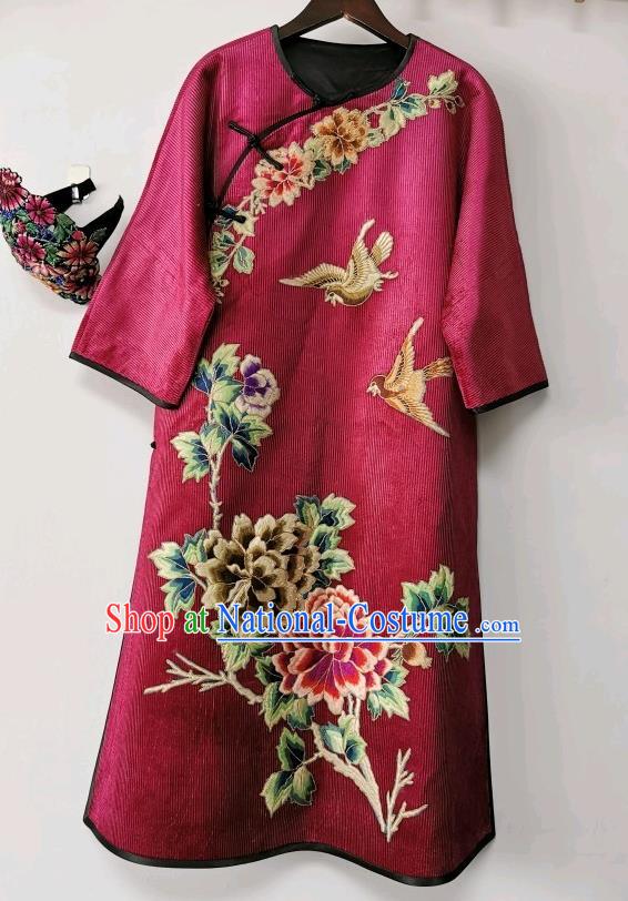 Chinese Embroidered Cheongsam Traditional Wine Red Corduroy Qipao Dress National Clothing