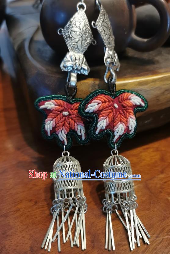 Traditional China Ethnic Embroidered Maple Leaf Earrings Handmade Ear Accessories Silver Birdcage Jewelry for Women