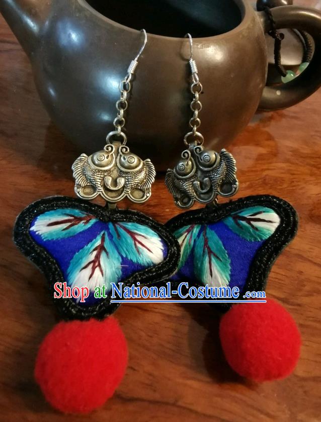 Handmade China Ethnic Red Venonat Earrings Traditional Embroidered Ear Accessories Silver Fishes Jewelry for Women