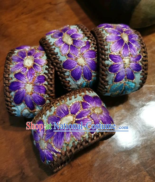 Handmade China Ethnic Embroidered Blue Bracelet Traditional Accessories Rattan Bangle for Women