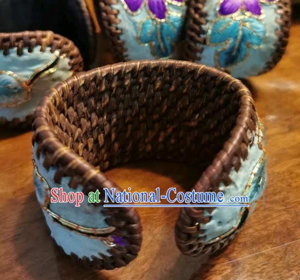 Handmade China Ethnic Embroidered Blue Bracelet Traditional Accessories Rattan Bangle for Women