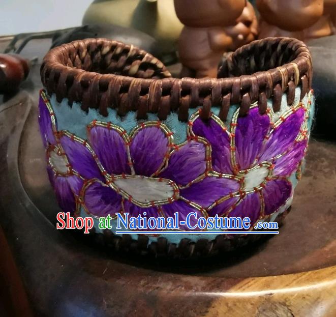 Handmade China Ethnic Embroidered Blue Bracelet Traditional Accessories Rattan Bangle for Women