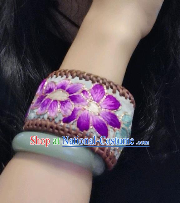 Handmade China Ethnic Embroidered Blue Bracelet Traditional Accessories Rattan Bangle for Women