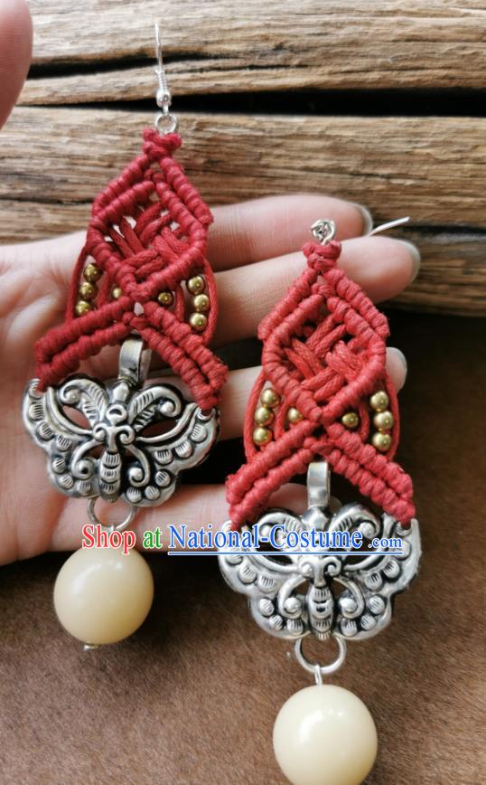 Handmade China National Red Sennit Earrings Traditional Miao Ethnic Ear Accessories Silver Carving Butterfly Eardrop for Women