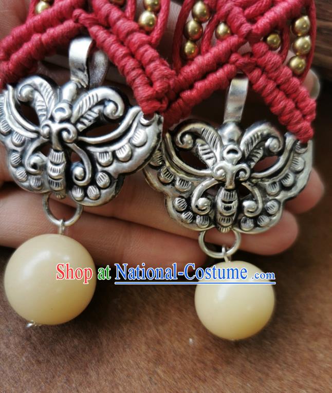 Handmade China National Red Sennit Earrings Traditional Miao Ethnic Ear Accessories Silver Carving Butterfly Eardrop for Women