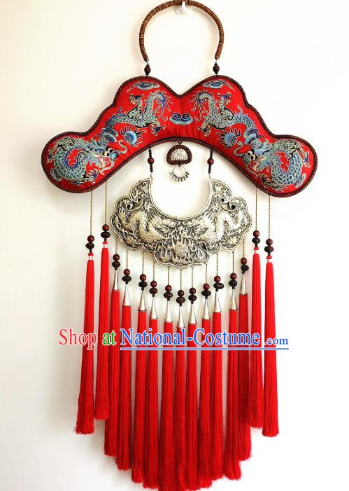 Handmade China Embroidered Red Tassel Necklace Traditional National Silver Carving Accessories Miao Ethnic Rattan Necklet