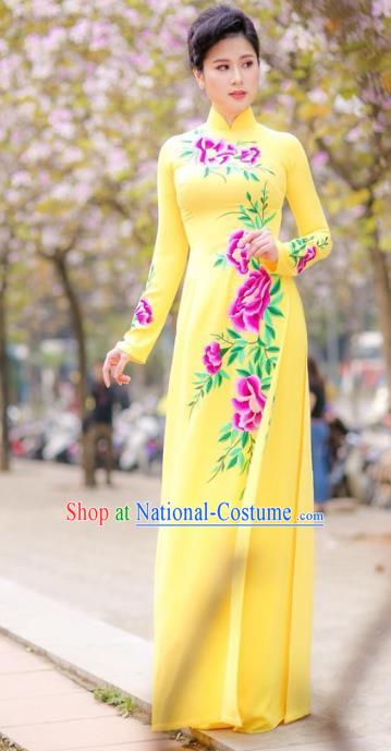 Asian Vietnam Classical Peony Pattern Ao Dai Qipao Traditional Vietnamese Cheongsam Costumes Yellow Dress and Loose Pants for Women