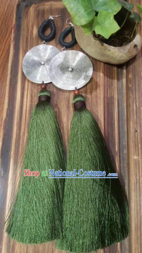 Handmade China Miao Ethnic Jewelry Traditional National Silver Ear Accessories Olive Green Long Tassel Earrings