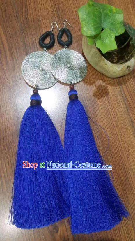 Handmade China Miao Ethnic Exaggerated Jewelry Traditional Royalblue Long Tassel Earrings National Silver Ear Accessories