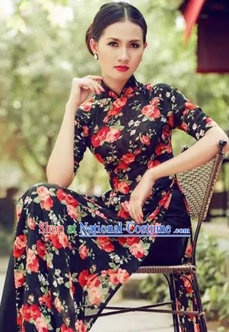 Asian Vietnam Classical Roses Pattern Ao Dai Qipao Traditional Vietnamese Costumes Black Silk Cheongsam Dress and Loose Pants for Women