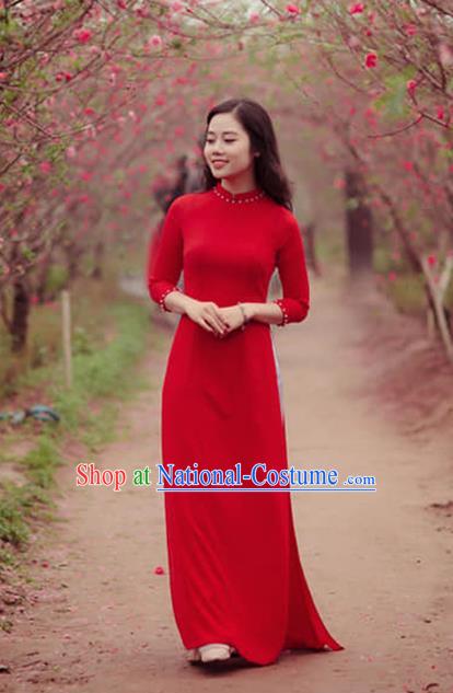 Asian Vietnam Classical Ao Dai Qipao Traditional Vietnamese Costumes Red Cheongsam Dress and Loose Pants for Women