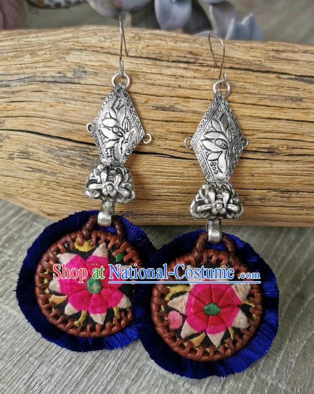 China Handmade Miao Ethnic Embroidered Flower Earrings Traditional National Silver Carving Lotus Ear Accessories