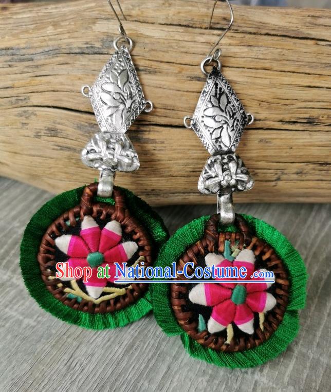 China Traditional National Silver Carving Lotus Ear Accessories Handmade Miao Ethnic Embroidered Flower Earrings