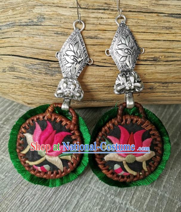 China Traditional National Silver Rattan Ear Accessories Handmade Miao Ethnic Embroidered Lotus Earrings