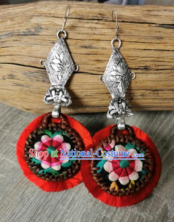 China Traditional National Red Silver Ear Accessories Handmade Miao Ethnic Embroidered Rattan Earrings