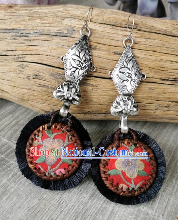 China Handmade Miao Ethnic Embroidered Earrings Traditional National Silver Red Ear Accessories