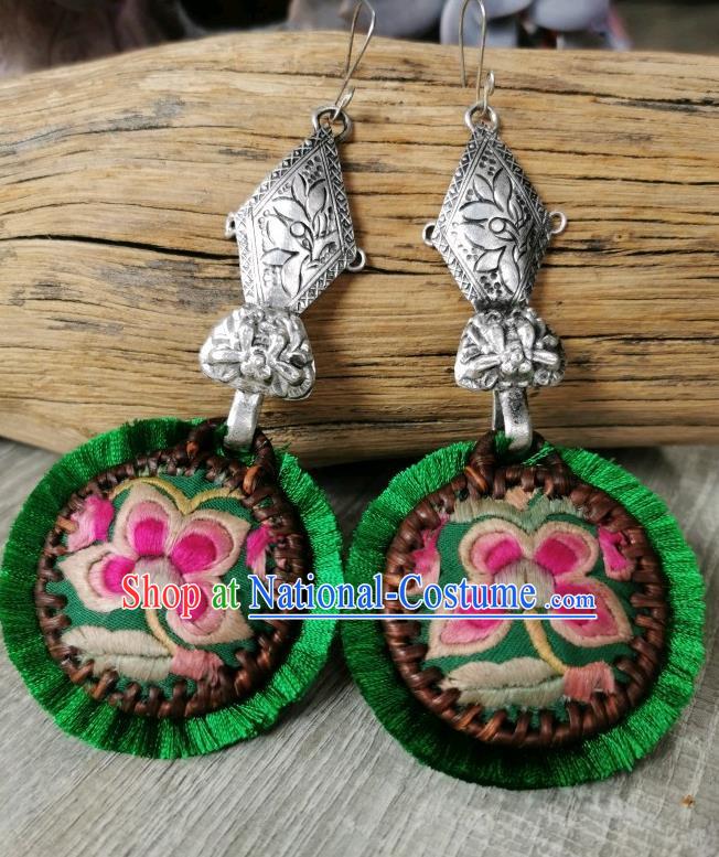 China Handmade Miao Ethnic Silver Carving Earrings Traditional National Embroidered Green Ear Accessories