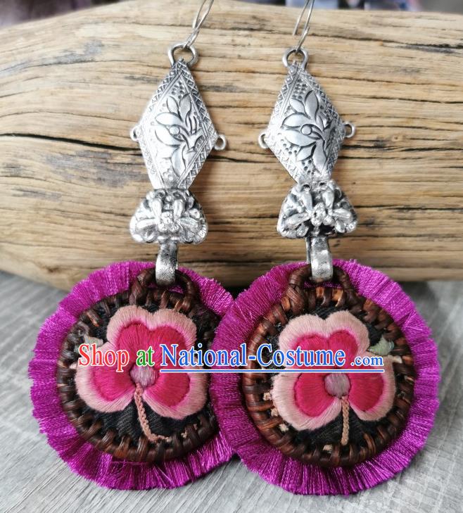 Handmade China Miao Ethnic Rattan Earrings Traditional National Embroidered Sliver Purple Ear Accessories