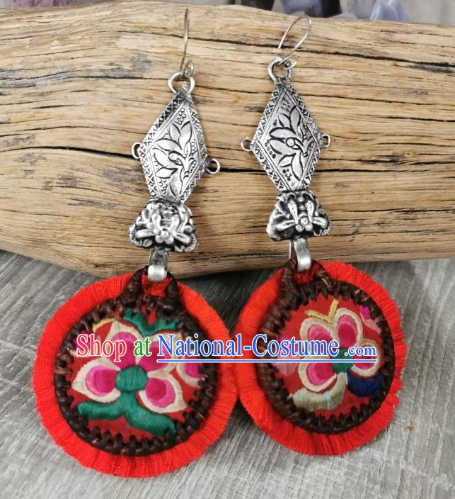 Handmade China Miao Ethnic Women Jewelry Traditional National Embroidered Sliver Ear Accessories Rattan Earrings