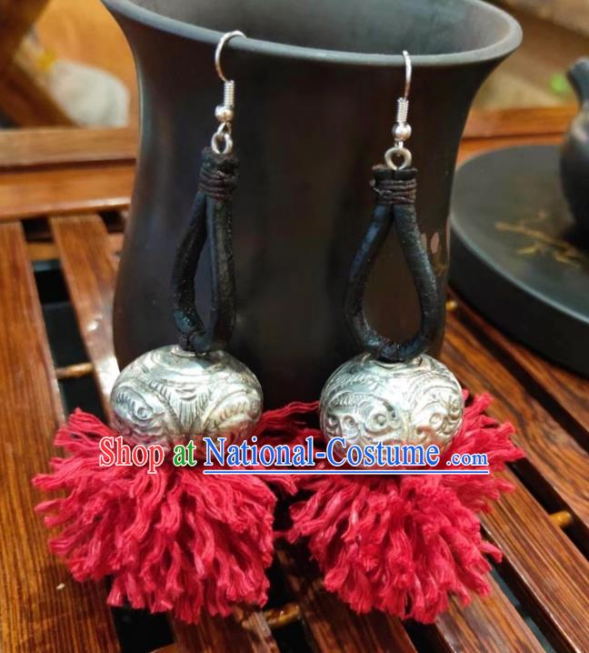 Handmade China Miao Ethnic Red Waxed Thread Earrings Traditional National Sliver Ear Accessories Women Jewelry