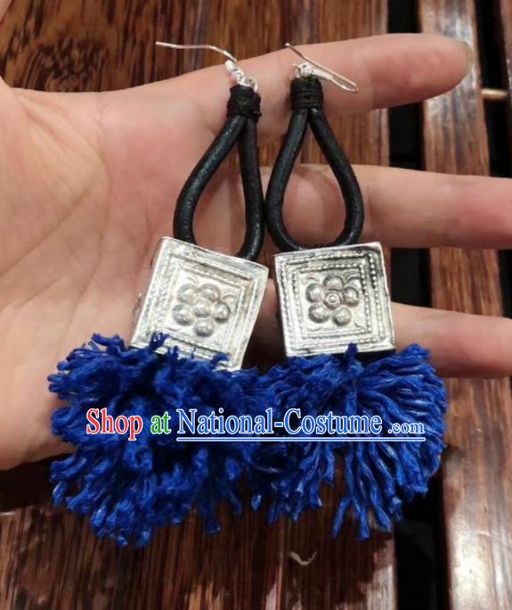 Handmade China Traditional National Sliver Ear Accessories Women Jewelry Miao Ethnic Blue Waxed Thread Earrings