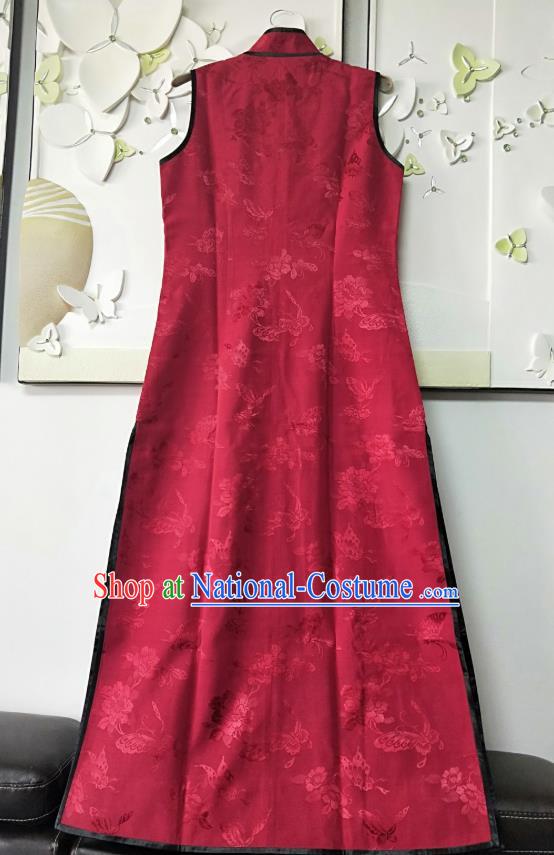 China National Red Satin Long Vest Women Classical Peony Butterfly Pattern Waistcoat Dress Traditional Tang Suit Clothing