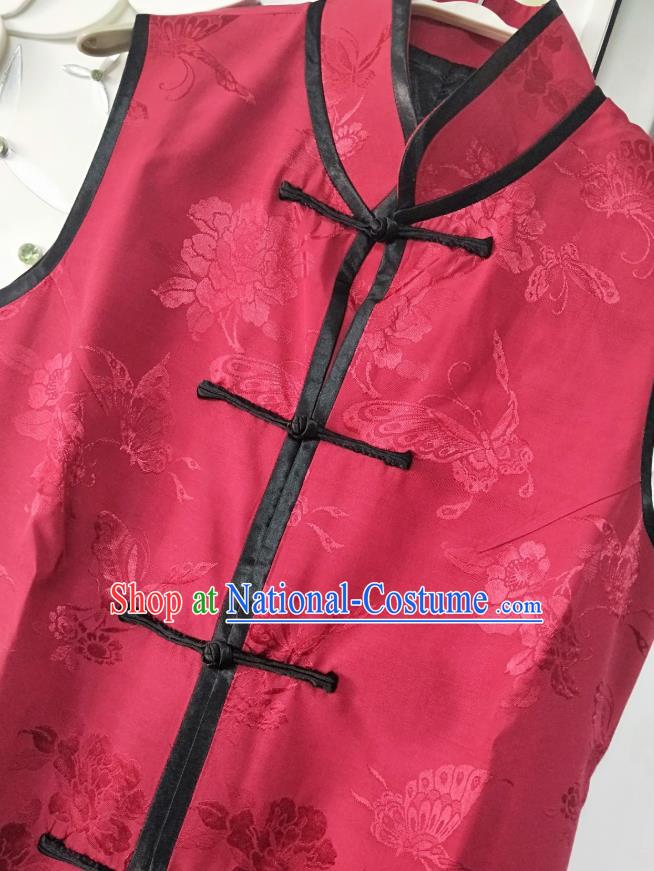 China National Red Satin Long Vest Women Classical Peony Butterfly Pattern Waistcoat Dress Traditional Tang Suit Clothing