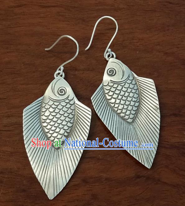 China Traditional Miao Ethnic Ear Accessories Handmade Women Jewelry National Silver Carving Fish Earrings