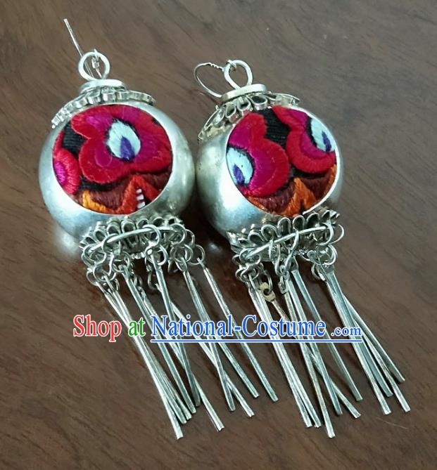 Handmade China National Silver Earrings Traditional Ethnic Women Jewelry Embroidered Ear Accessories