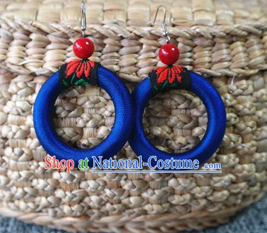 Handmade China National Eardrop Traditional Miao Nationality Ear Accessories Ethnic Royalblue Waxed Thread Earrings