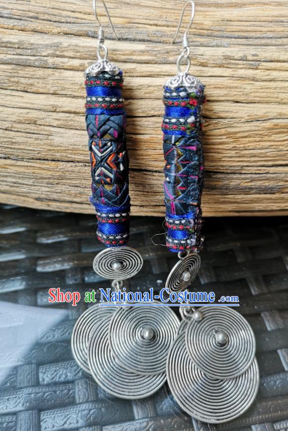 China National Embroidered Deep Blue Earrings Women Jewelry Miao Ethnic Silver Ear Accessories