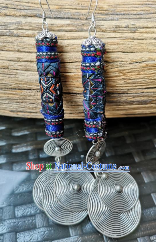 China National Embroidered Deep Blue Earrings Women Jewelry Miao Ethnic Silver Ear Accessories