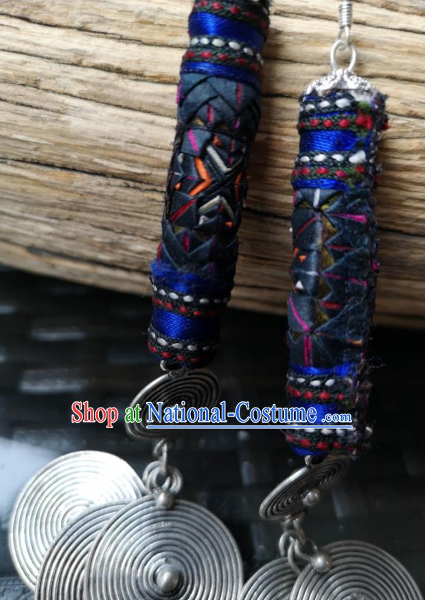 China National Embroidered Deep Blue Earrings Women Jewelry Miao Ethnic Silver Ear Accessories