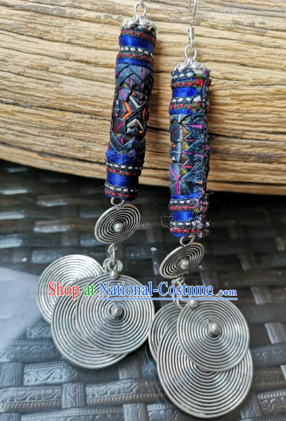 China National Embroidered Deep Blue Earrings Women Jewelry Miao Ethnic Silver Ear Accessories