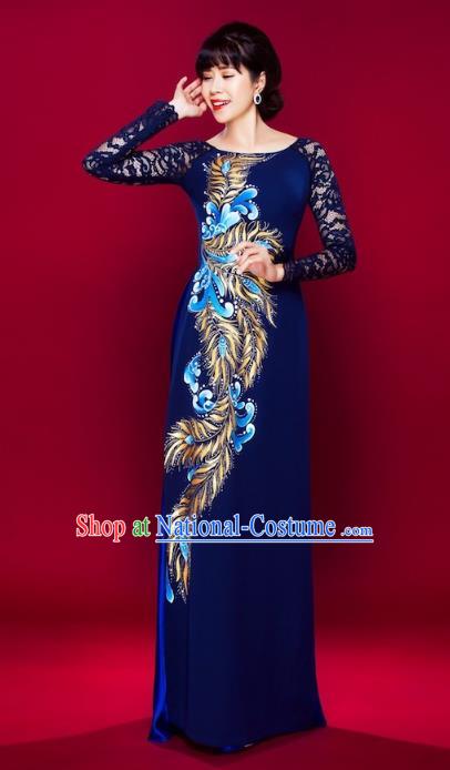 Asian Vietnam Classical Peacock Pattern Ao Dai Qipao Traditional Vietnamese Costumes Blue Lace Cheongsam Dress and Loose Pants for Women