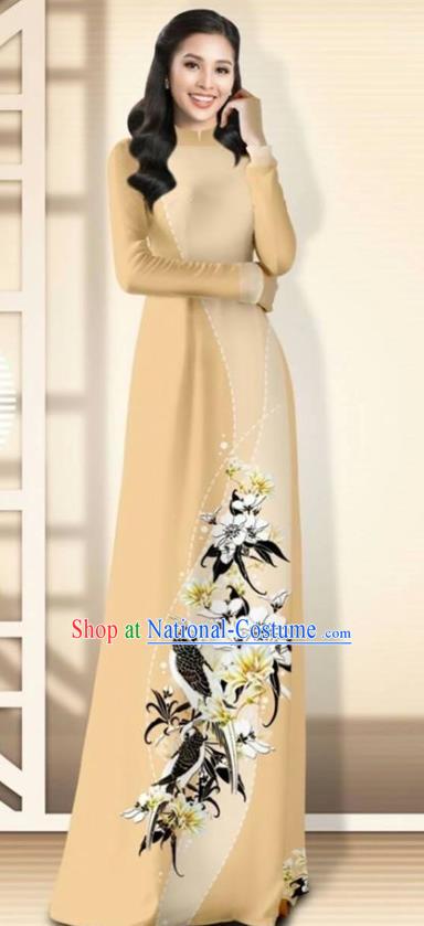 Asian Vietnam Beige Cheongsam Dress and Pants Traditional Vietnamese Costumes Classical Flowers Bird Pattern Ao Dai Qipao for Women