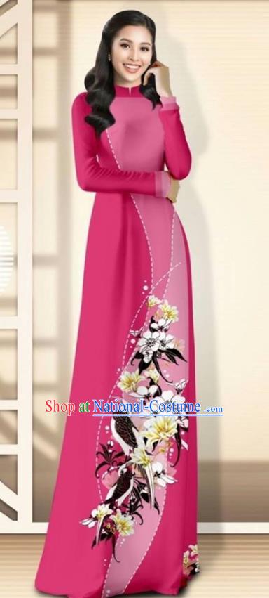 Asian Vietnam Rosy Cheongsam Dress and Pants Traditional Vietnamese Costumes Classical Flowers Bird Pattern Ao Dai Qipao for Women