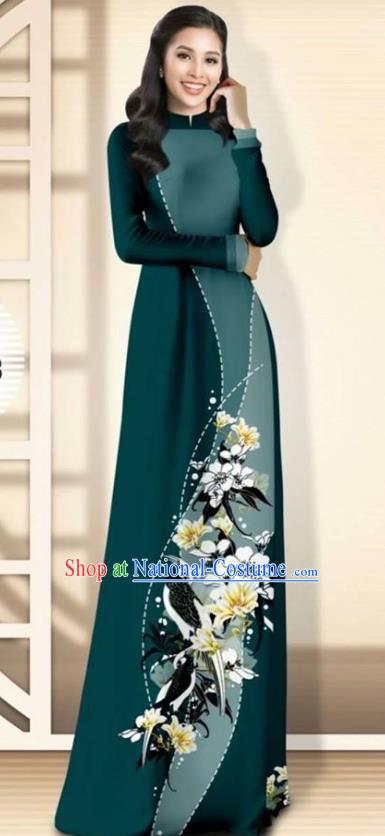 Asian Vietnam Atrovirens Cheongsam Dress and Pants Traditional Vietnamese Costumes Classical Flowers Bird Pattern Ao Dai Qipao for Women