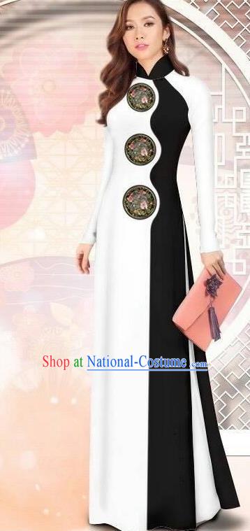 Asian Vietnam Printing White Cheongsam Dress and Pants Traditional Vietnamese Costumes Classical Ao Dai Qipao for Women