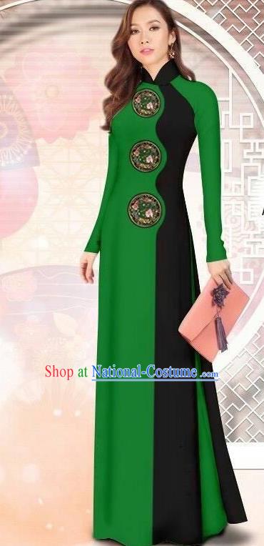 Asian Vietnam Printing Green Cheongsam Dress and Pants Traditional Vietnamese Costumes Classical Ao Dai Qipao for Women