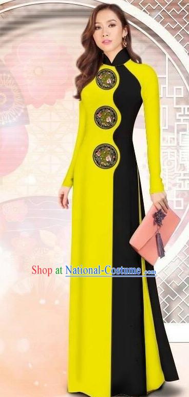 Asian Vietnam Printing Yellow Cheongsam Dress and Pants Traditional Vietnamese Costumes Classical Ao Dai Qipao for Women