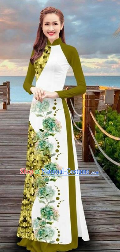 Asian Vietnam Printing Flowers Cheongsam Dress and Pants Traditional Vietnamese Costumes Classical Olive Green Ao Dai Qipao for Women