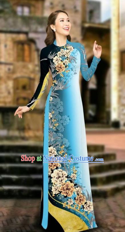 Asian Vietnam Cheongsam Dress and Pants Traditional Vietnamese Costumes Classical Printing Peony Light Blue Ao Dai Qipao for Women