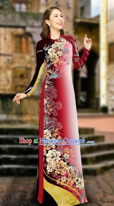 Asian Vietnam Cheongsam Dress and Pants Traditional Vietnamese Costumes Classical Printing Peony Red Ao Dai Qipao for Women