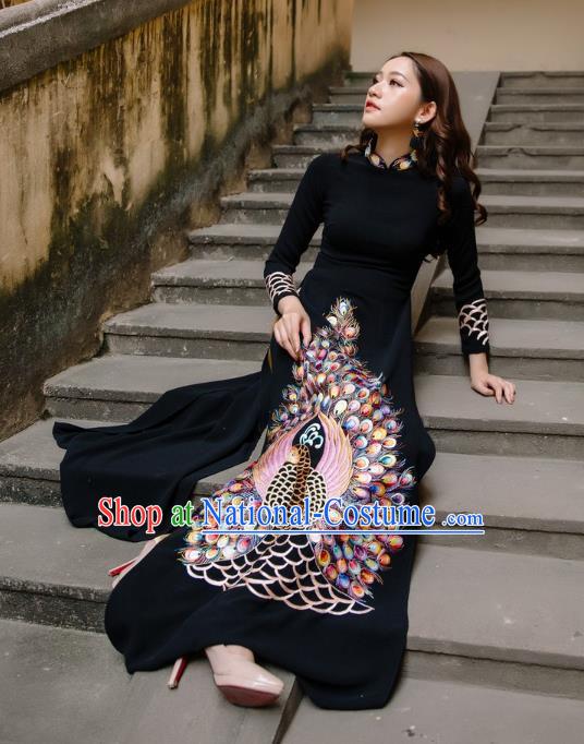 Asian Vietnam Hand Painting Peacock Cheongsam and Pants Traditional Vietnamese Female Costumes Classical Black Ao Dai Qipao Dress