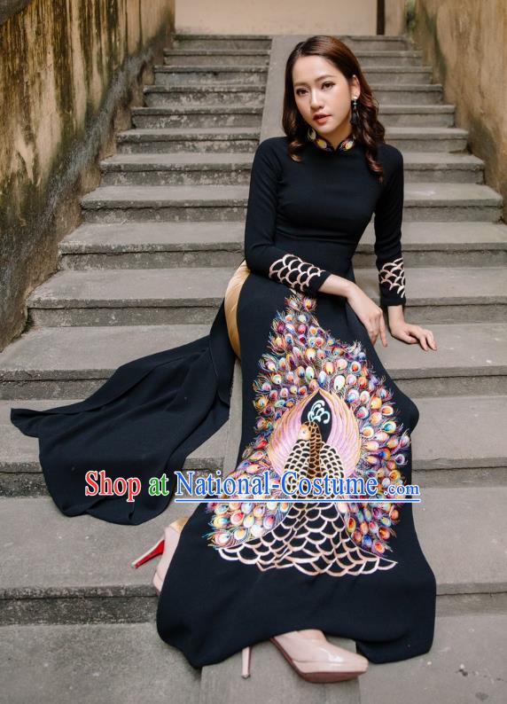 Asian Vietnam Hand Painting Peacock Cheongsam and Pants Traditional Vietnamese Female Costumes Classical Black Ao Dai Qipao Dress