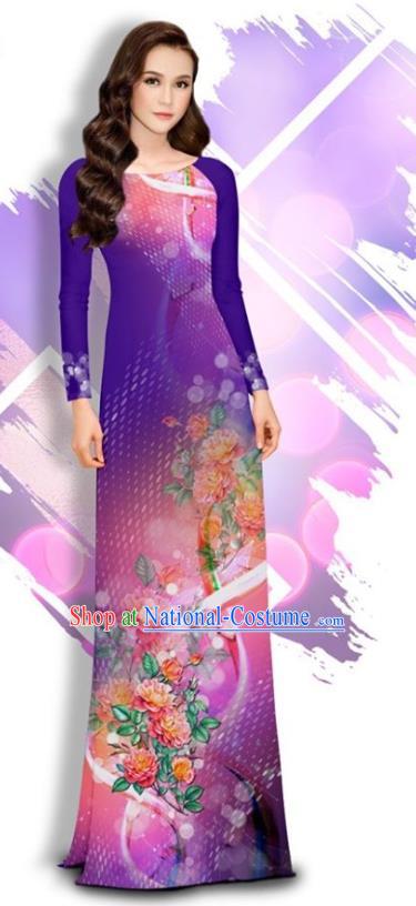 Asian Vietnam Printing Peony Cheongsam and Pants Traditional Vietnamese Female Costumes Classical Purple Ao Dai Qipao Dress