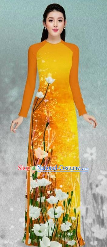 Asian Vietnam Printing Flowers Orange Cheongsam and Pants Traditional Vietnamese Costumes Classical Female Ao Dai Qipao Dress