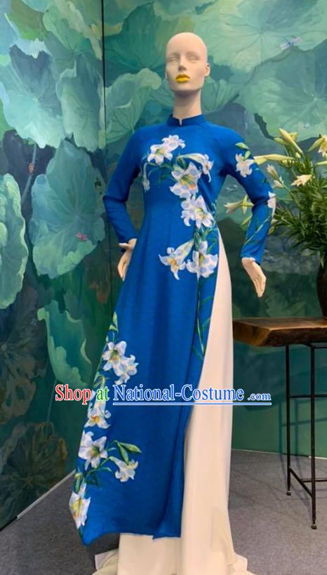 Asian Vietnam Printing Lily Flowers Cheongsam Costumes Traditional Vietnamese Classical Navy Ao Dai Qipao Dress and Loose Pants